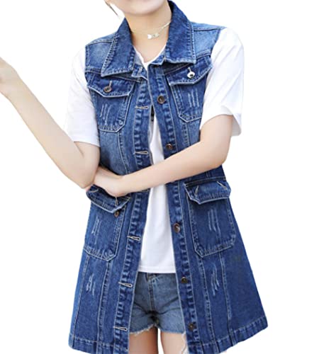 OLGER Ärmellose Jeansweste-Retro Slim Fit Destoryed Washed Denim Weste Weste Damen Lange Denim Weste Plus Size Jeansjacke Freizeit Sommer Frühling Jeansjacke Cardigan Top Outwear,Blau,XL von OLGER