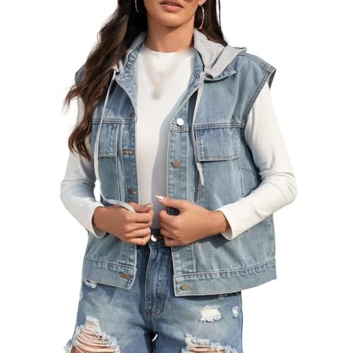 OLGER Ärmellose Jeansweste-Stilvolle Gewaschene Jeansweste Kordelzug Mit Kapuze Damen Kurze Jeansweste Jeansjacke Cropped Freizeit Sommer Frühling Jeansjacke Knopfleiste Top,Xl von OLGER