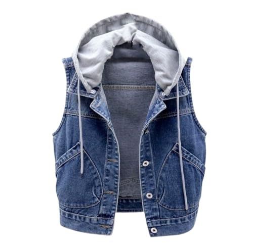 OLGER Ärmellose Jeansweste-Vintage Distressed Washed Denim Weste Kordelzug Abnehmbare Kapuze Kurze Jeansweste Jeansjacke Cropped Freizeit Sommer Frühling Jeansjacke Cardigan Top Outwear,Dunkelblau,XL von OLGER