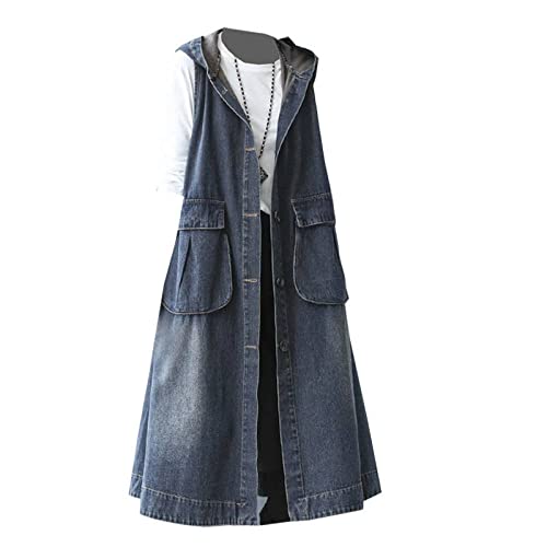 OLGER Damen Jeansweste-Elegante Gewaschene Jeansweste Weste Damen Lange Weste Jeans Plus Size Jeansjacke Große Taschen Mit Kapuze Lässig Sommer Frühlingsjacke Kleid Übergangsjacke,M von OLGER