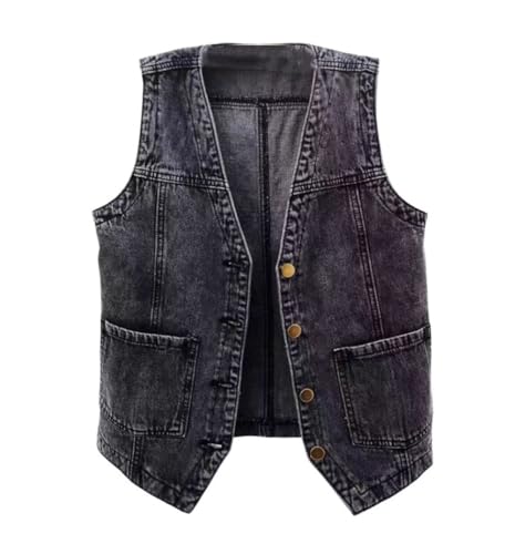 OLGER Denim Weste-Vintage-Gewaschene Jeansweste Täglicher V-Ausschnitt Kurze Jeansweste Plus-Größen-Jeansjacke Cropped Freizeit Sommer Frühling Jeansjacke Knopfleiste Strickjacke,Schwarz,XL von OLGER