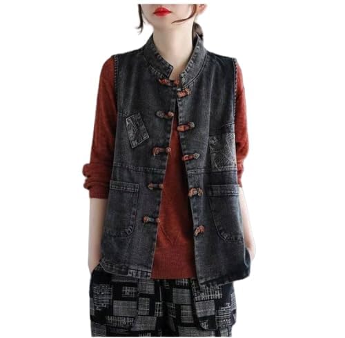 OLGER Jeansweste-Ethno Distressed Washed Bestickte Denim Weste Chic Froschknopf Denim Weste Jeansjacke Sommer Frühling Jeansjacke Cardigan Top Outwear Plus Size,Schwarz,S von OLGER