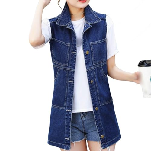 OLGER Rmellose Jeansweste Für Damen-Retro Slim Fit Gewaschen Denim Weste Weste Daily Damen Lange Denim Weste Plus Size Jeansjacke Freizeit Sommer Frühling Jeansjacke Cardigan Top Outwear,Blau,5XL von OLGER