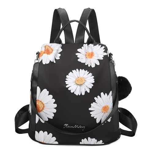 OLIVIA WONG Wasserdichter Diebstahl-Rucksack für Damen (13 l), umwandelbarer Rucksack mit Bommel und abnehmbarem Ziergriff, Gänseblümchen von OLIVIA WONG