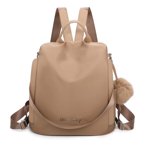 OLIVIA WONG Wasserdichter Diebstahl-Rucksack für Damen (13 l), umwandelbarer Rucksack mit Bommel und abnehmbarem Ziergriff, Kaki von OLIVIA WONG