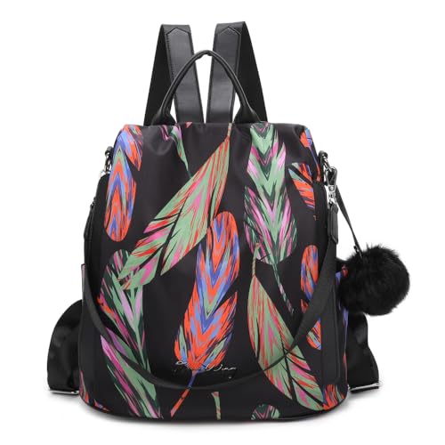 OLIVIA WONG Wasserdichter Diebstahl-Rucksack für Damen (13 l), umwandelbarer Rucksack mit Bommel und abnehmbarem Ziergriff, Mehrfarbige Federn, 30 x 30 x 14 cm von OLIVIA WONG