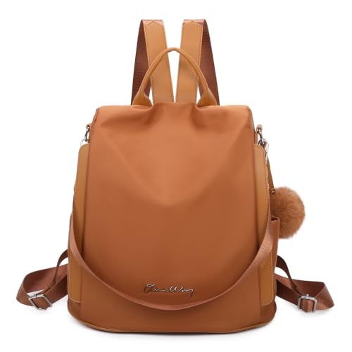OLIVIA WONG Wasserdichter Diebstahl-Rucksack für Damen (13 l), umwandelbarer Rucksack mit Bommel und abnehmbarem Ziergriff, braun von OLIVIA WONG