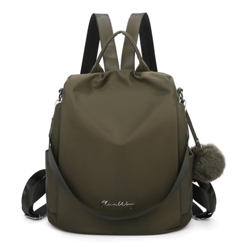 OLIVIA WONG Wasserdichter Diebstahl-Rucksack für Damen (13 l), umwandelbarer Rucksack mit Bommel und abnehmbarem Ziergriff, grün von OLIVIA WONG