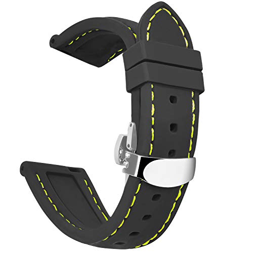 OLLREAR Unisex Silikon Uhrenarmbänder Silber Butterflyschließe 22mm Schwarz Yelllow Ersatz Uhrenarmbänder für Männer und Frauen wasserdichte Sport-Uhrenarmbänder von OLLREAR