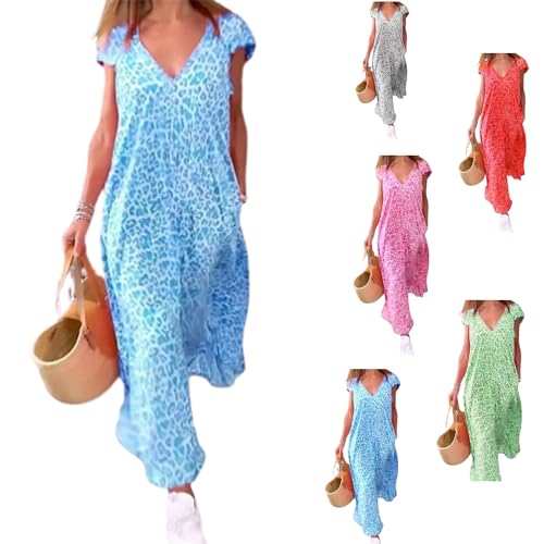 OLLWBYDM Bedrucktes, kurzärmliges langes Kleid mit V-Ausschnitt, Sommer-Maxikleider mit Leopardenmuster für Damen (Blue,Medium) von OLLWBYDM