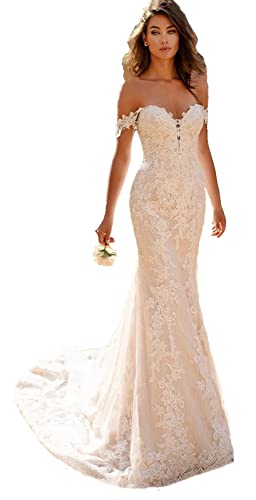 OLLWBYDM Damen Schulterfrei Spitze Meerjungfrau Brautkleider Schatz Sweep Zug Boho Brautkleider Tüll, A-Elfenbein, 42 von OLLWBYDM