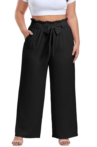 OLRIK Damenhose in Übergröße, hohe Taille, weites Bein, Freizeithose mit Taschen, Gürtel zum Selbstbinden (1X-5X), Schwarz, 4X von OLRIK
