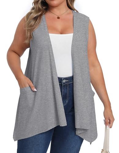 OLRIK Leichte Strickjacke in Übergröße mit Tasche, ärmellose Strickjacken für Damen, Sommer, Dunkel_Grau, 4X von OLRIK