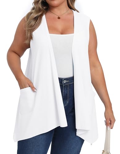 OLRIK Leichte Strickjacke in Übergröße mit Tasche, ärmellose Strickjacken für Damen, Sommer, Weiss/opulenter Garten, 5X von OLRIK