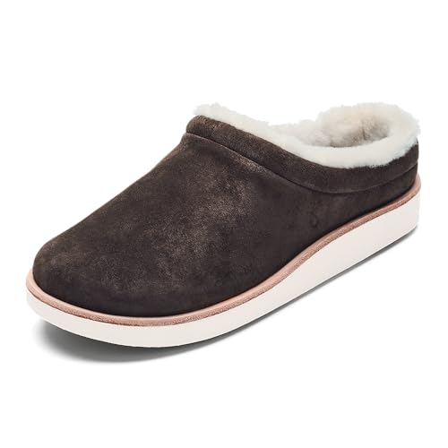 OLUKAI Mani Damen Pantoffeln Leder Pantoffeln Weiche Bequeme Hausschuhe mit Fleecefutter Dicke Gummilaufsohle Ganztägige Tragen, Dunkle Eiche/goldener Sand, 41 EU von OLUKAI