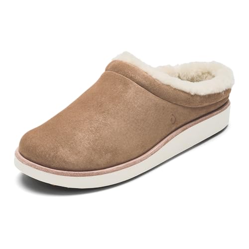 OLUKAI Mani Damen Pantoffeln Leder Pantoffeln Weiche Bequeme Hausschuhe mit Fleecefutter Dicke Gummilaufsohle Ganztägige Tragen, Hellbraun/goldener Sand, 39.5 EU von OLUKAI