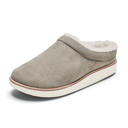 OLUKAI Mani Damen Pantoffeln Leder Pantoffeln Weiche Bequeme Hausschuhe mit Fleecefutter Dicke Gummilaufsohle Ganztägige Tragen, Taupe Grey/Golden Sand, 39.5 EU von OLUKAI
