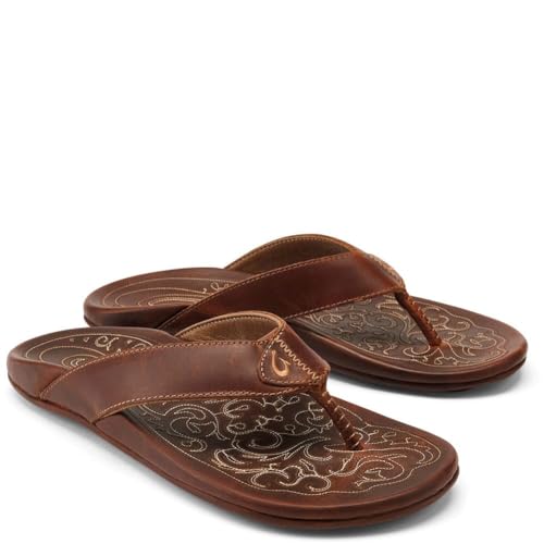 OLUKAI Mekila Herren Strandsandalen Vollnarbenleder Flip-Flop Slides Kompressions-Fußbett & Komfort Fit Enhanced Grip Sohlen, Natürlich., 45.5 EU von OLUKAI