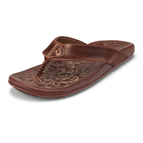 OLUKAI Mekila Herren Strandsandalen Vollnarbenleder Flip-Flop Slides Kompressionsgeformtes Fußbett & bequeme Passform Verbesserte Griffsohle, Natürlich., 47 EU von OLUKAI