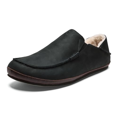 OLUKAI Moloa Slipper für Herren, Premium-Leder, Schlupfschuhe, weiches echtes Lammfellfutter und Gel-Einsatz, Drop-In Heel & ganztägiger Komfort, Schwarz/Dk Java, 39.5 EU von OLUKAI