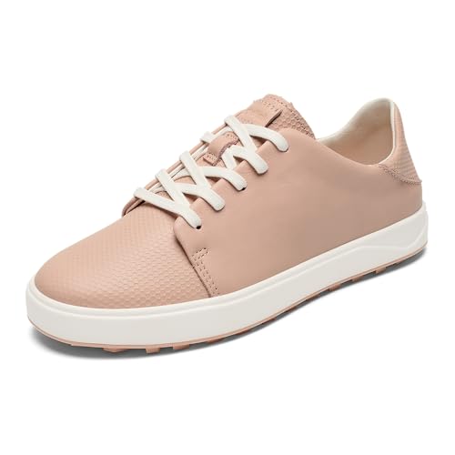 OLUKAI Wailea Damen Golfschuhe Spikeless Golfschuhe Geschmeidiges Vollnarbenleder Konturiertes Fußbett Wasserdicht Fleckenabweisend, Soft Pink/Bright White, 39.5 EU von OLUKAI