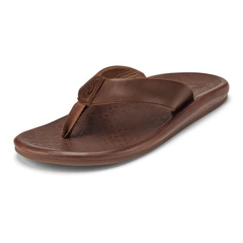 OluKai 'Ilikai Men's Leather Sandals, Full-Grain Leather Flip-Flop Slides, Anatomical Footbed & Cushioning, Comfort Fit & Wet Grip Rubber, Toffee/Toffee, 10 von OLUKAI