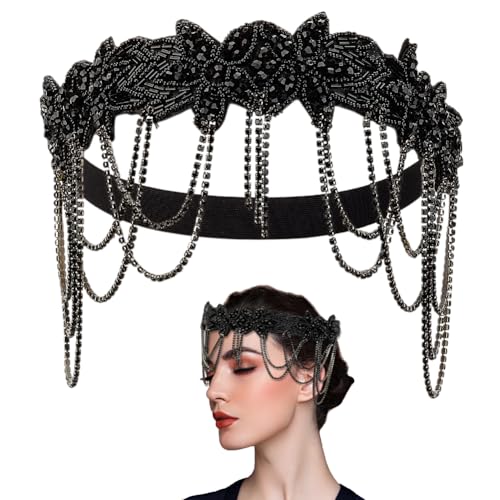 OLYCRAFT 20s Great Gatsby Stirnband 1920s Flapper Kopfbedeckung Roaring Chain Schwarzes Strass Fransen Haarband Vintage Strass Stirn Accessoire Für Frauen Party Urlaub Tägliche Haardekoration von OLYCRAFT