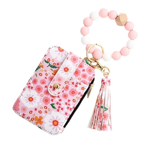 Boho Style Beaded Tassel Keychain Wallet with Flower Pattern Keychain Applicable for Women (Light pink) von OLYGEE