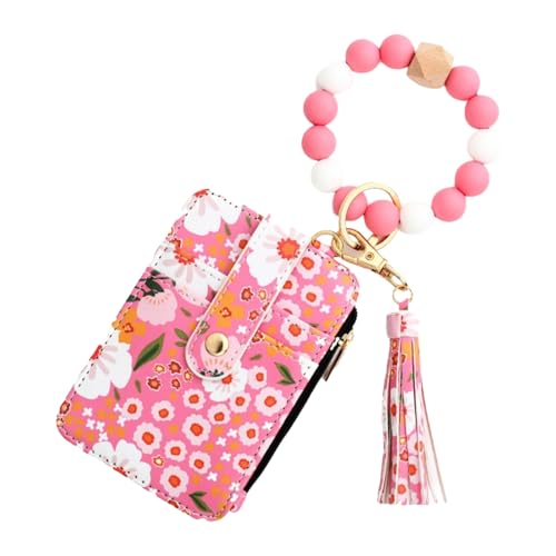 Boho Style Beaded Tassel Keychain Wallet with Flower Pattern Keychain Applicable for Women (Pink) von OLYGEE
