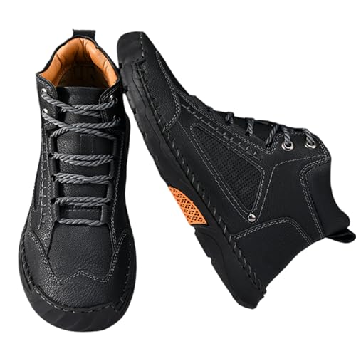 OLYGEE Men's Comfortable Handmade Leather Boots with Arch Support, Non-Slip Rubber Sole Lightweight & Breathable (Black,44) von OLYGEE