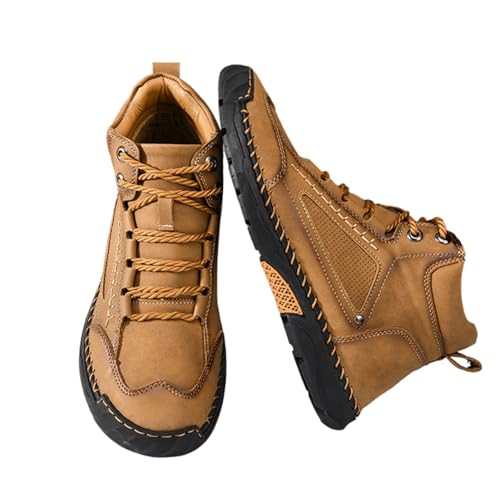 OLYGEE Men's Comfortable Handmade Leather Boots with Arch Support, Non-Slip Rubber Sole Lightweight & Breathable (Yellow-Brown,44) von OLYGEE