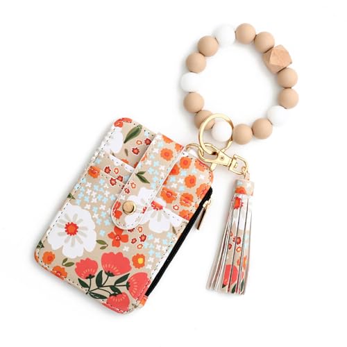 OLYGEE Women's Boho Beaded Wallet with Flower Pattern，Beaded Tassel Decoration，Bracelet Keychain Wallet,Silicone Wristlet (Khaki) von OLYGEE