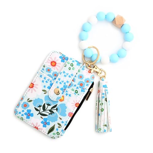 OLYGEE Women's Boho Beaded Wallet with Flower Pattern，Beaded Tassel Decoration，Bracelet Keychain Wallet,Silicone Wristlet (Light Blue) von OLYGEE