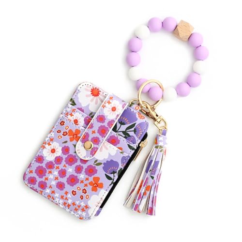 OLYGEE Women's Boho Beaded Wallet with Flower Pattern，Beaded Tassel Decoration，Bracelet Keychain Wallet,Silicone Wristlet (Light Purple) von OLYGEE