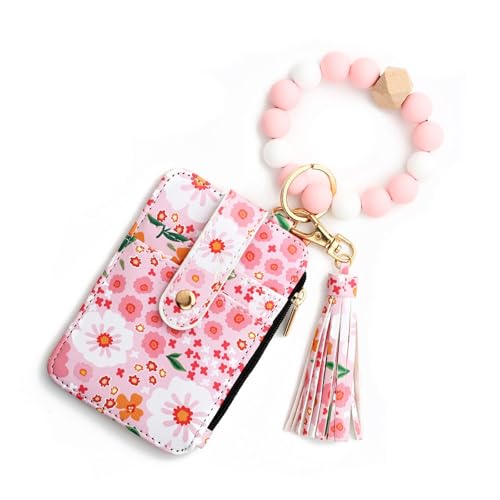 OLYGEE Women's Boho Beaded Wallet with Flower Pattern，Beaded Tassel Decoration，Bracelet Keychain Wallet,Silicone Wristlet (Light pink) von OLYGEE