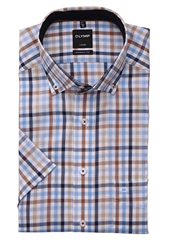 OLYMP Herren Businesshemd Kurzarm Luxor,Männer,Kariert,modern fit,Button-Down-Kragen,braun 28,39 von OLYMP