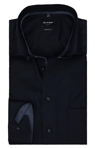 OLYMP Modern Fit Luxor Herren Langarm Businesshemd | Extra Langer Arm 69 cm | Uni Dunkelblau | Global Kent Kragen mit Besatz Gr. 43 von OLYMP