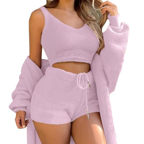 OLZYA Damen-Woll-Trainingsanzug, 3-teilig, sexy, Flauschiges Fleece-Pyjama-Set, Damen-Spaghetti-Träger, Kurze Oberteile, Shorts, Lounge-Sets von OLZYA