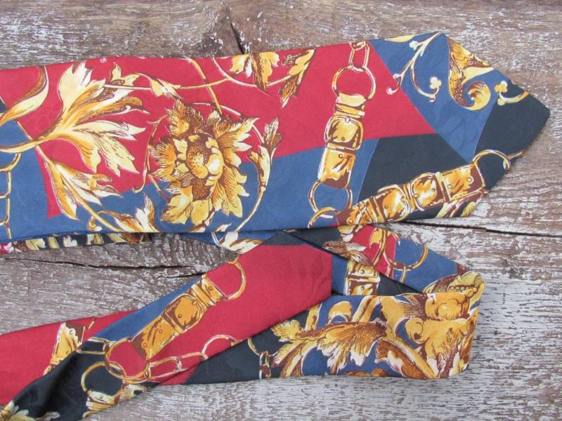 100% Seidenkrawatte; Ungebrauchte Vintage Rot/Gelb Braun Graublaue Damast-Seidenhalskette Mit Blumendruck; Geschenk Für Ihn von OLaLaVintage