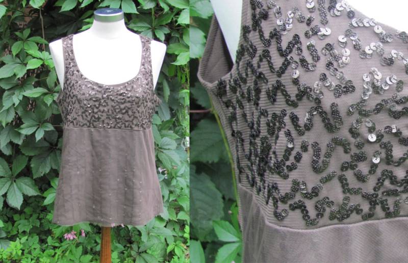 Vintage Gerry Weber Pailletten Tank Top; Taupe Polyester Jersey, Mesh & Tüll Bluse Gr. M /L von OLaLaVintage