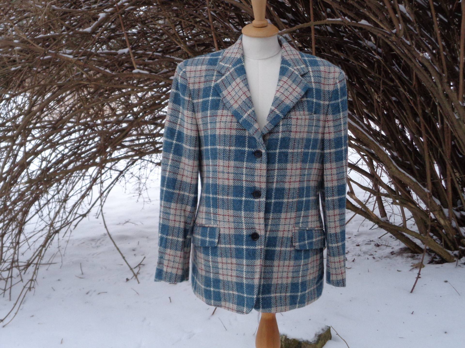 Vintage Jacke; Collezioni David Saddler Roma Wolljacke; Damenjacke Größe M; Teal & Hellgrau Karierte Wolle Blazer von OLaLaVintage