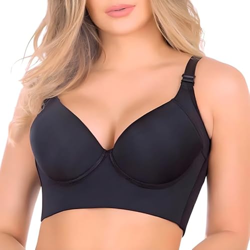 OLikeFit Damen BH mit tiefem Körbchen, versteckt den Rücken, fett, volle Rückenabdeckung, BH mit Shapewear, integrierter Push-Up-Sport-BH, Schwarz, 100A von OLikeFit