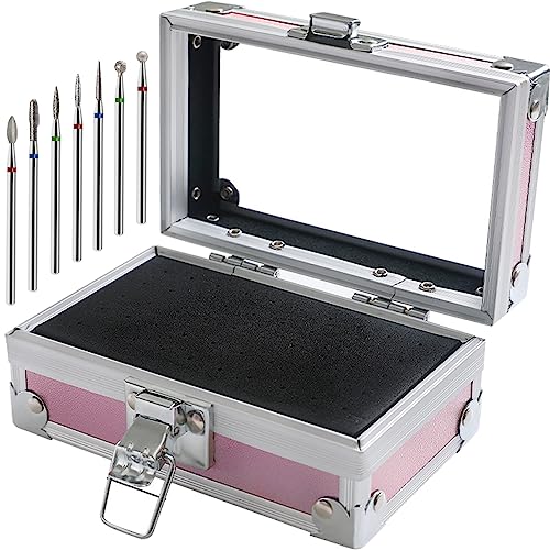 OLizee® 50 Löcher Nagel Bohrer Halter mit 7 Bohrer Metall Nagel Bohrer Werkzeug Box Rosa Nagel Bohrer Fall Nagel Bohrer Bits Organizer für Frauen Mädchen von OLizee