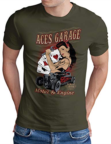 OM3® ACES-Garage T-Shirt | Herren | Motor Engine Power Hod Rod Amercian Cars | Oliv, 3XL von OM3