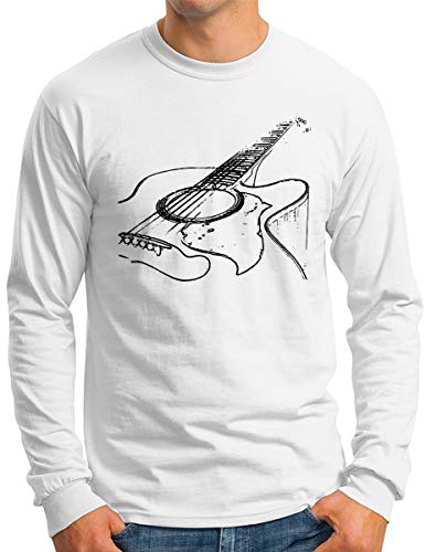 OM3® Acoustic Guitar Langarm Shirt | Herren | Music Band Musican | Weiß, L von OM3