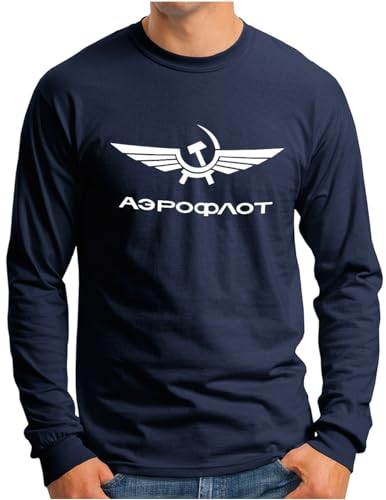OM3® Aeroflot Langarm Shirt | Herren | Retro Logo Russian Airline USSR Soviet Union | Navy, XL von OM3