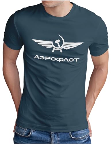 OM3® Aeroflot T-Shirt - Herren - Retro Logo Russian Airline Flugzeug USSR Soviet Union - Denim, L von OM3