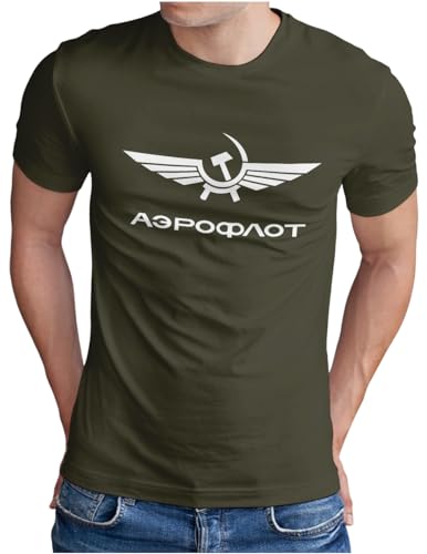 OM3® Aeroflot T-Shirt | Herren | Retro Logo Russian Airline USSR Soviet Union | Oliv, L von OM3