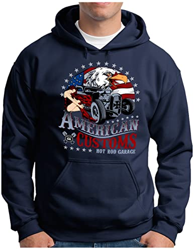 OM3® American Customs Hot Rod Hoodie | Herren | US Pin Up Girls Racing Classic Car | Kapuzen-Pullover Navy, L von OM3