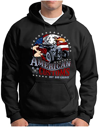 OM3® American Customs Hot Rod Hoodie | Herren | US Pin Up Girls Racing Classic Car | Kapuzen-Pullover Schwarz, XL von OM3